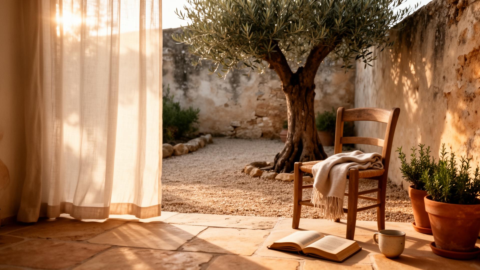 Quiet garden corner at golden hour with linen curtain, olive tree, and weathered stone